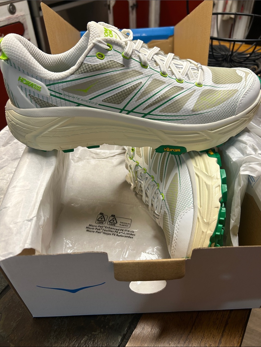 Hoka White and Green Mafate Speed 2 Trail Running Sneakers
